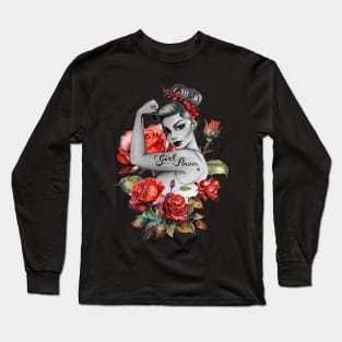 Red Roses and Ladybug Girl Power by Anne Cha Modern Rosie the Riveter Long Sleeve T-Shirt